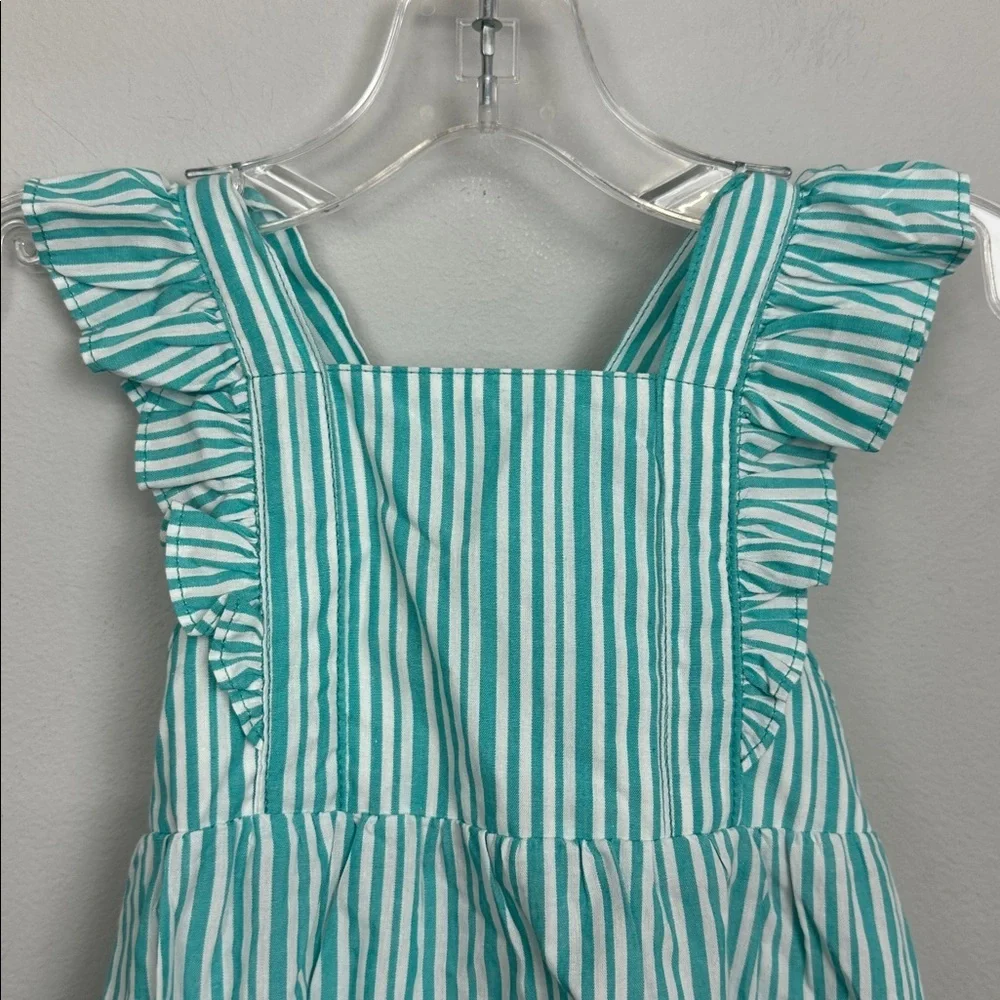 NWT Ruffle Butts Bella Aqua Blue Stripe Bubble Romper W/ Headband Sz 6-12M